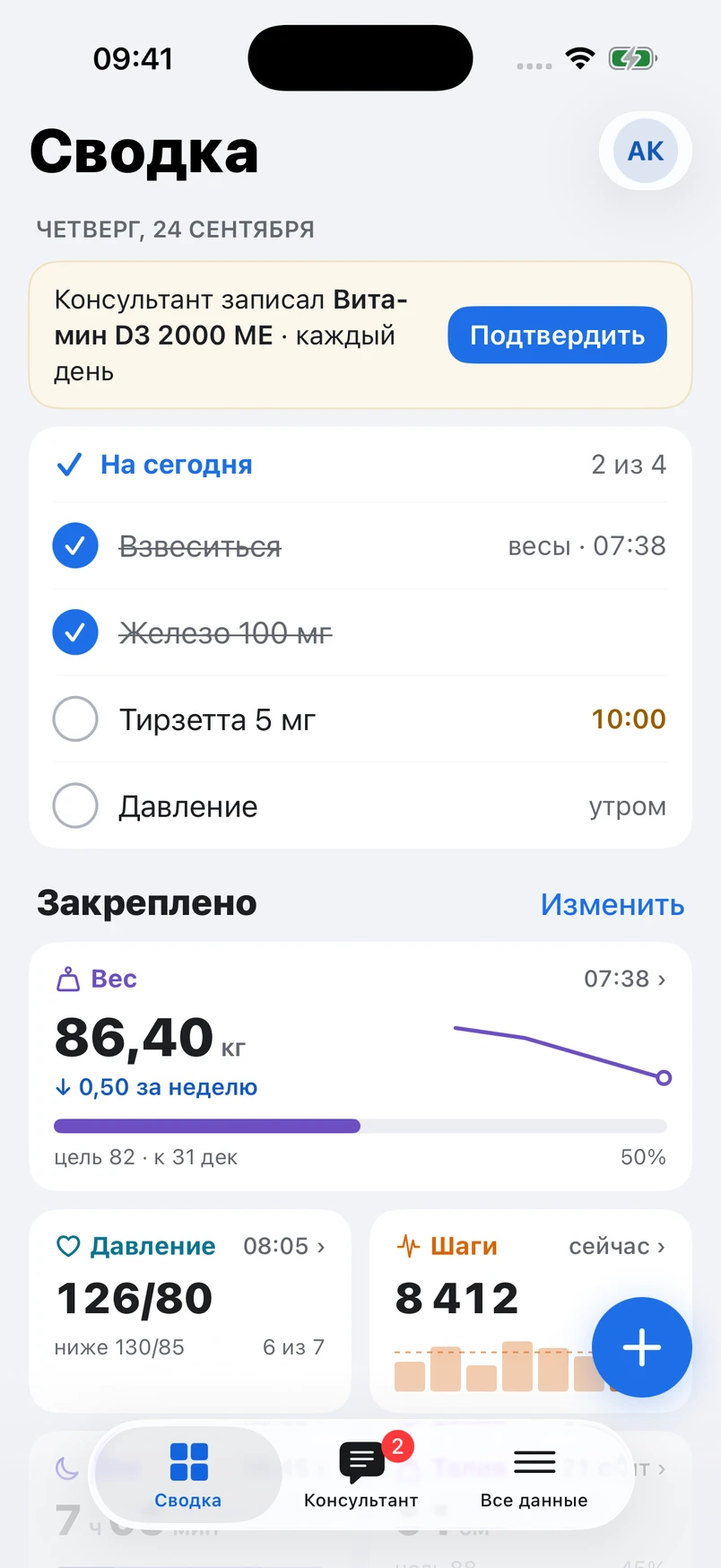 BodySync iPhone summary with daily tasks, weight, blood pressure and steps for a test patient